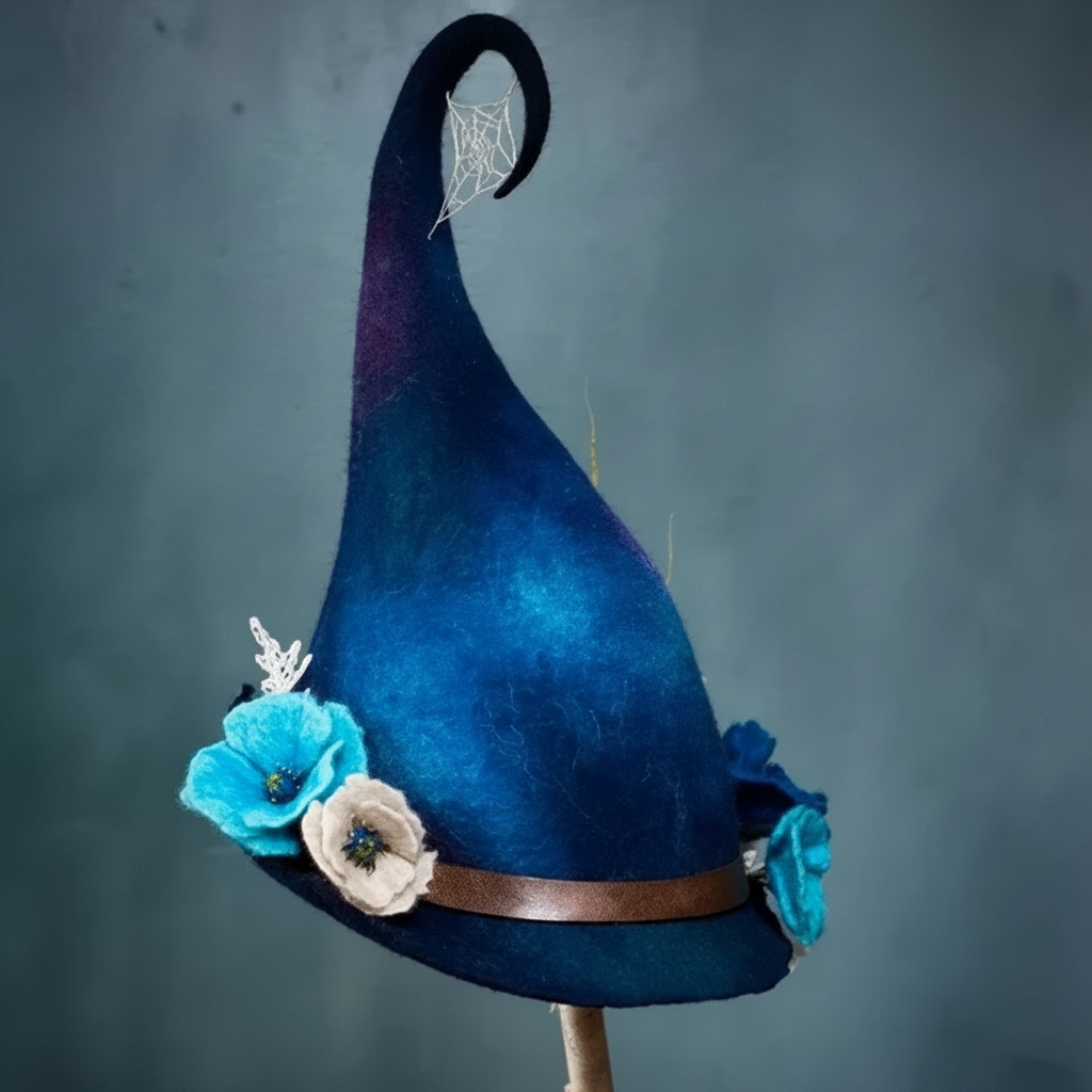 Witch Hat with Spiderweb Embroidery Felted Wool Floral and Mushroom Details - Image 6