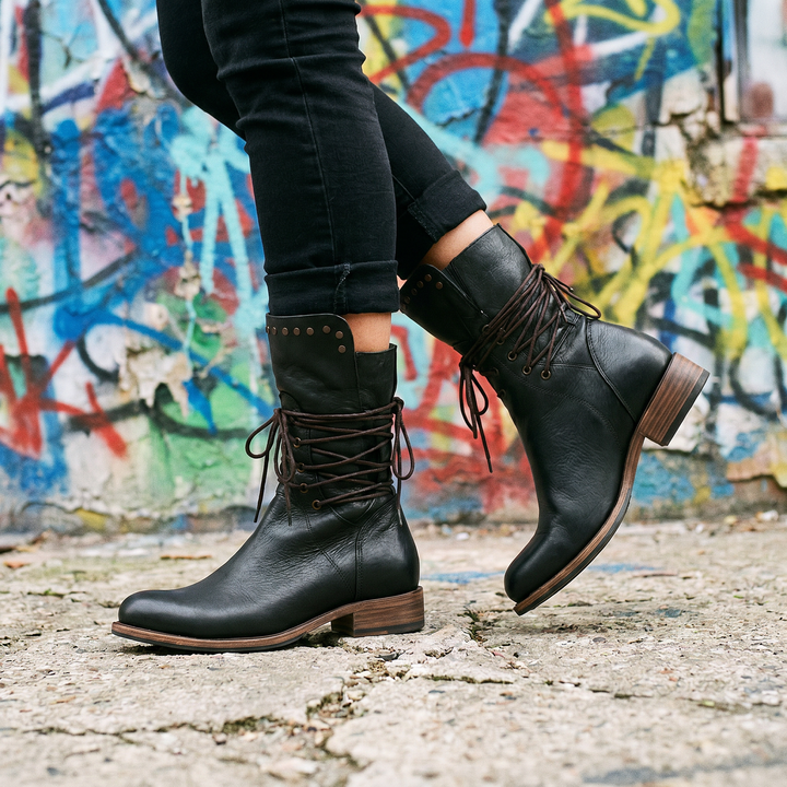 Women's Lace-Up Mid-Calf Boots with Studs