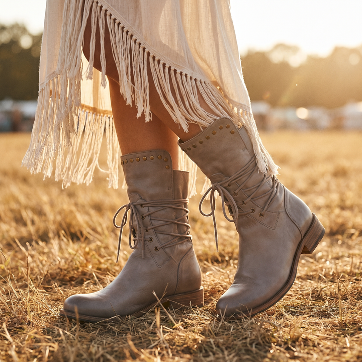 Women's Lace-Up Mid-Calf Boots with Studs