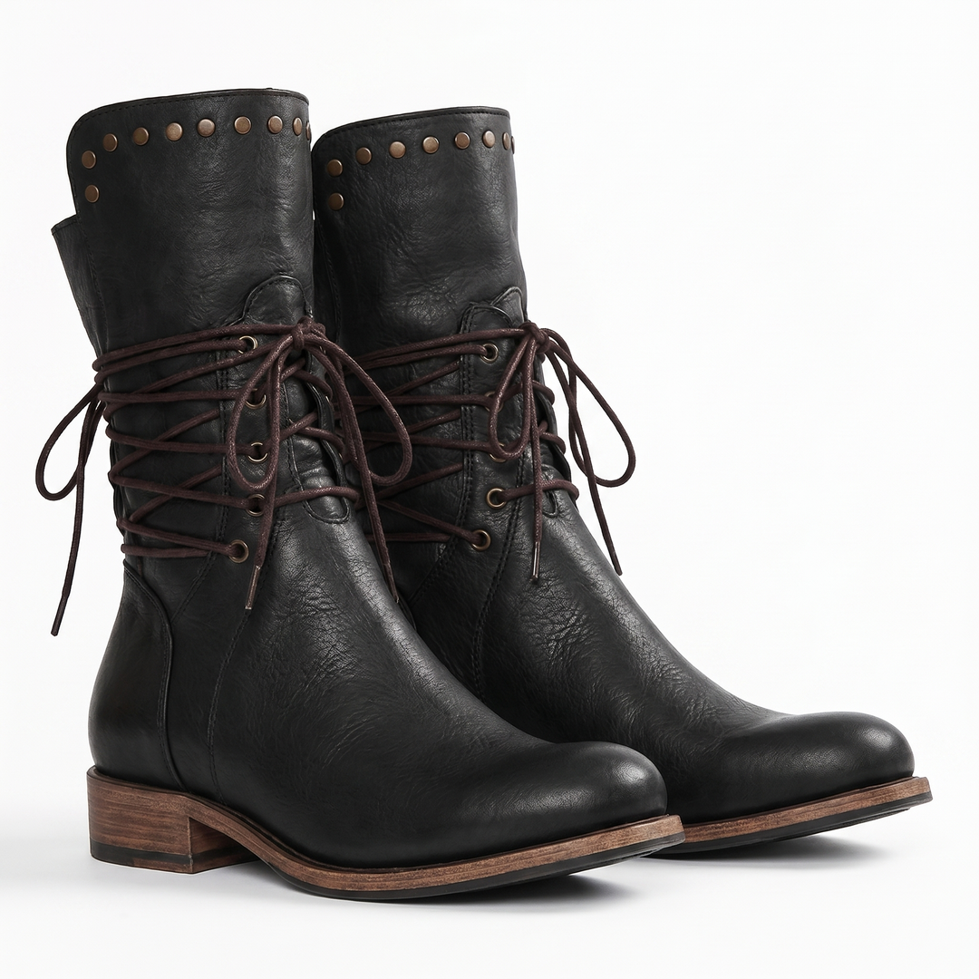 Women's Lace-Up Mid-Calf Boots with Studs