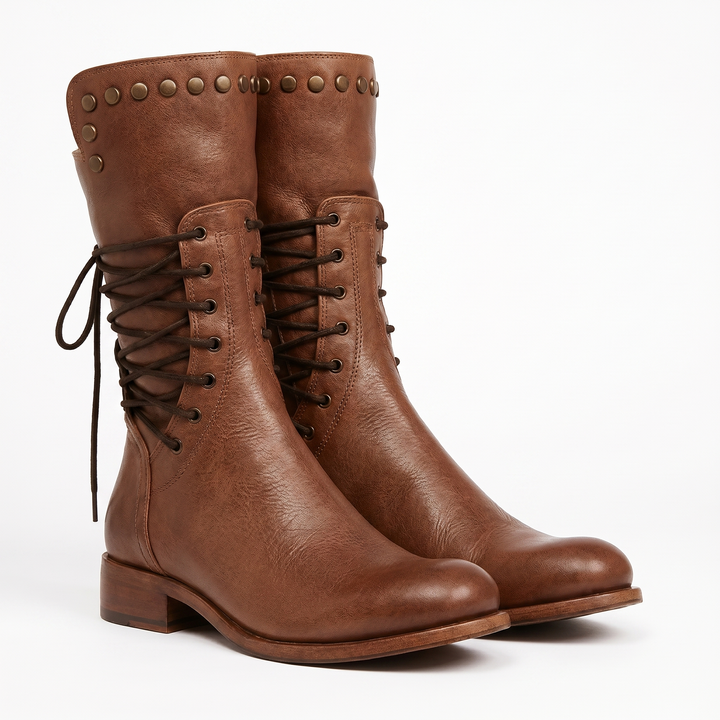Women's Lace-Up Mid-Calf Boots with Studs