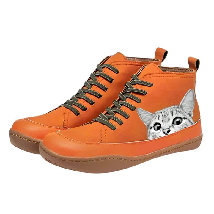 Women's Cat Print Lace-Up Ankle Boots