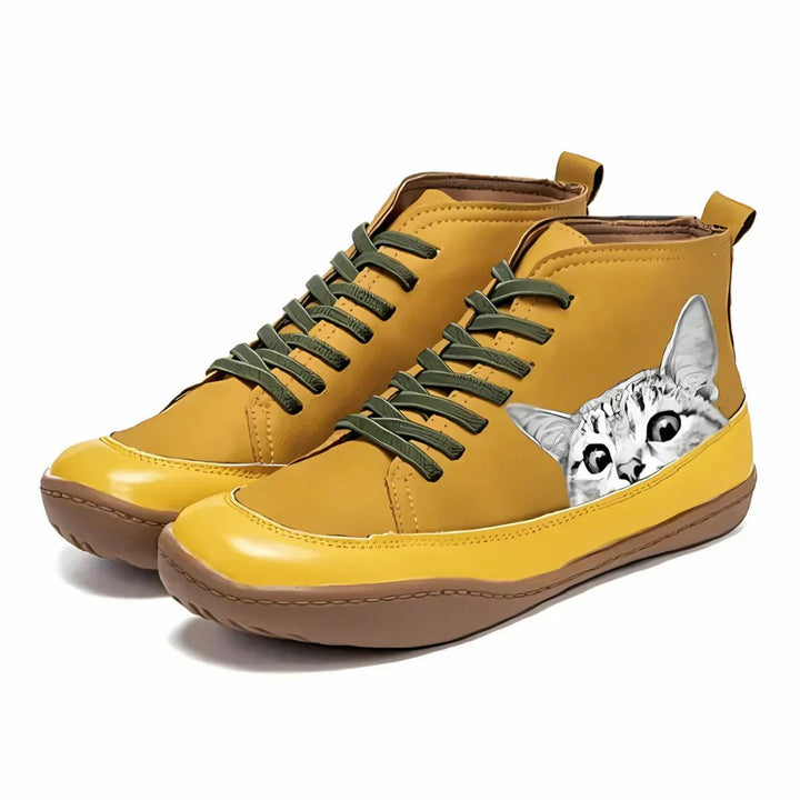 Women's Cat Print Lace-Up Ankle Boots
