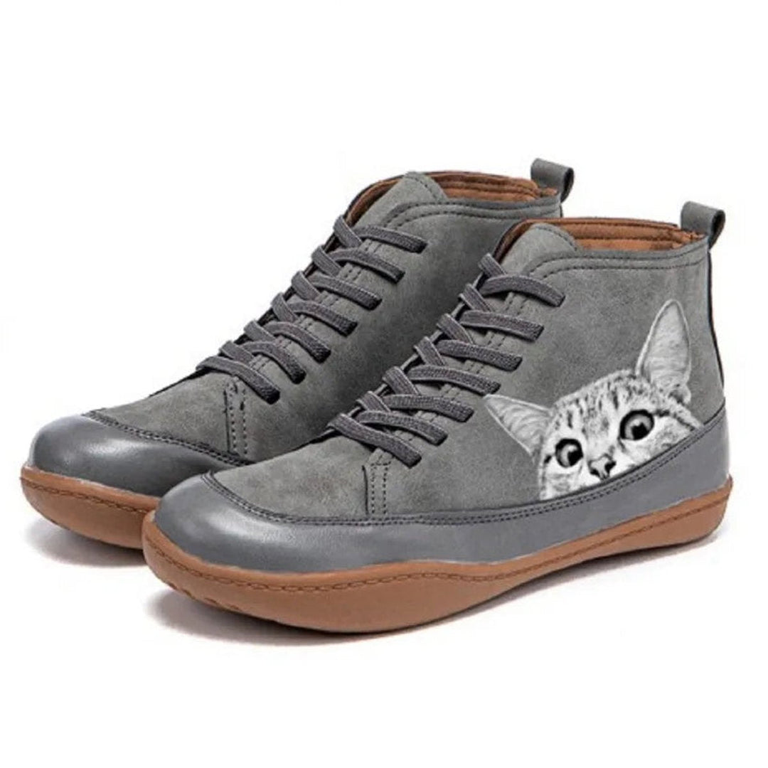 Women's Cat Print Lace-Up Ankle Boots