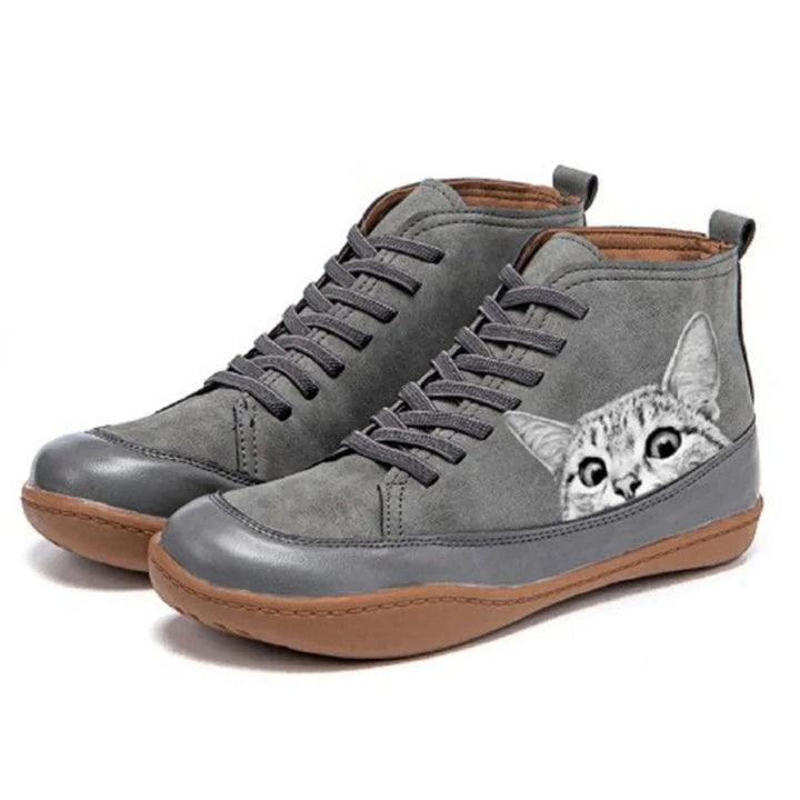 Women's Cat Print Lace-Up Ankle Boots
