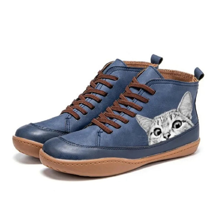 Women's Cat Print Lace-Up Ankle Boots