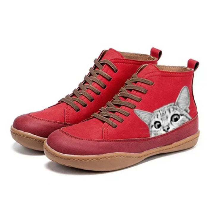 Women's Cat Print Lace-Up Ankle Boots