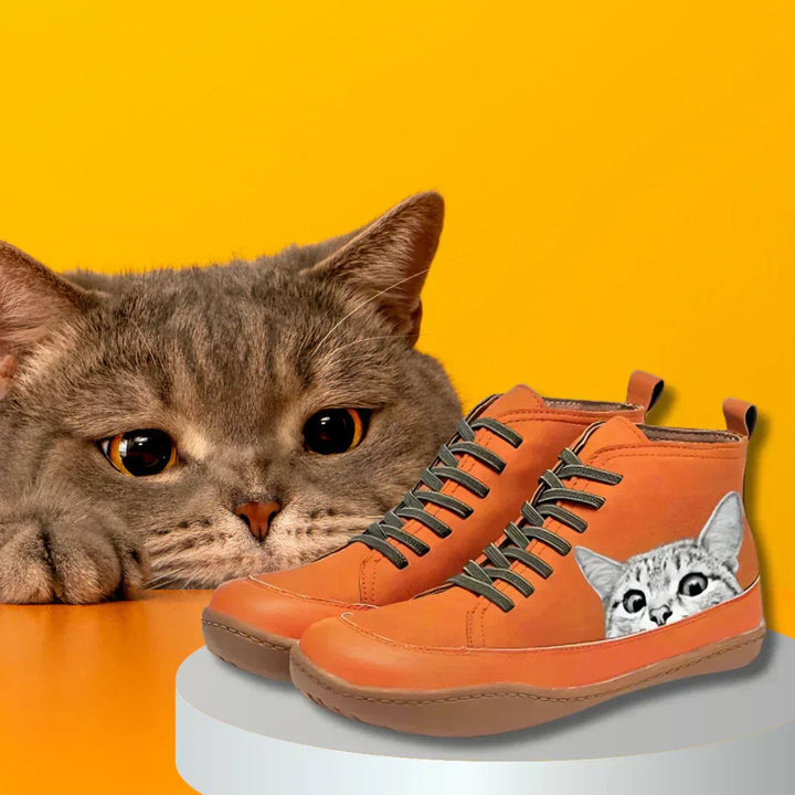 Women's Cat Print Lace-Up Ankle Boots