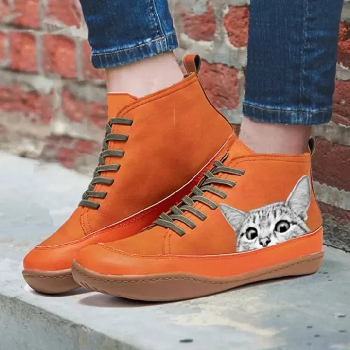 Women's Cat Print Lace-Up Ankle Boots