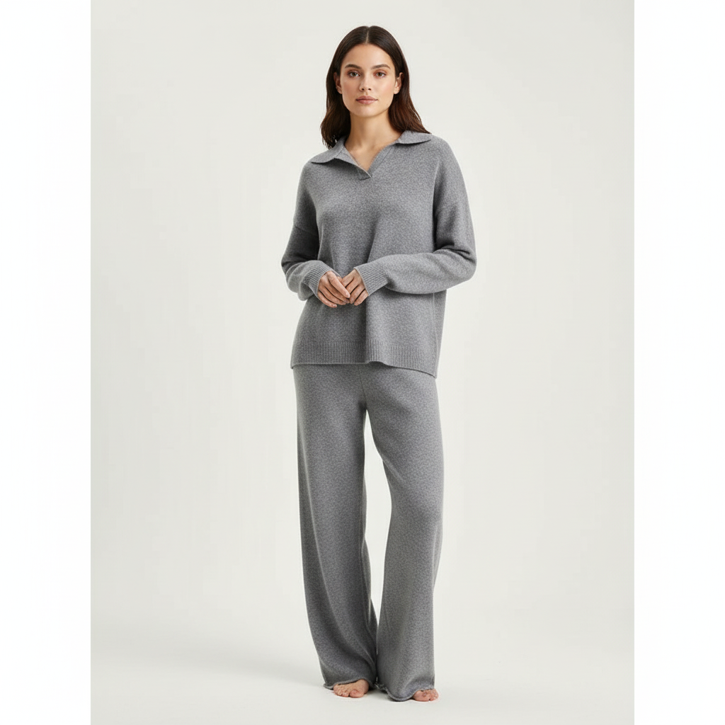 Women's Pyjama Sets Knit Lounge Two Piece with Polo Collar and Wide Leg Pants - Image 10
