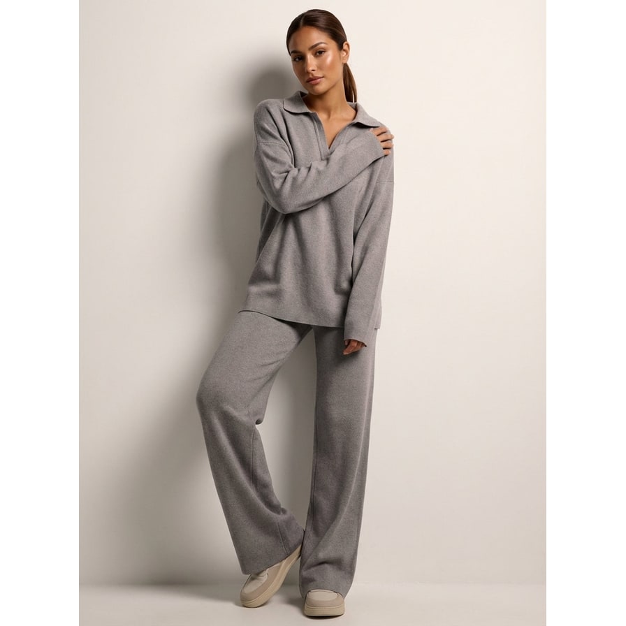 Women's Pyjama Sets Knit Lounge Two Piece with Polo Collar and Wide Leg Pants - Image 11