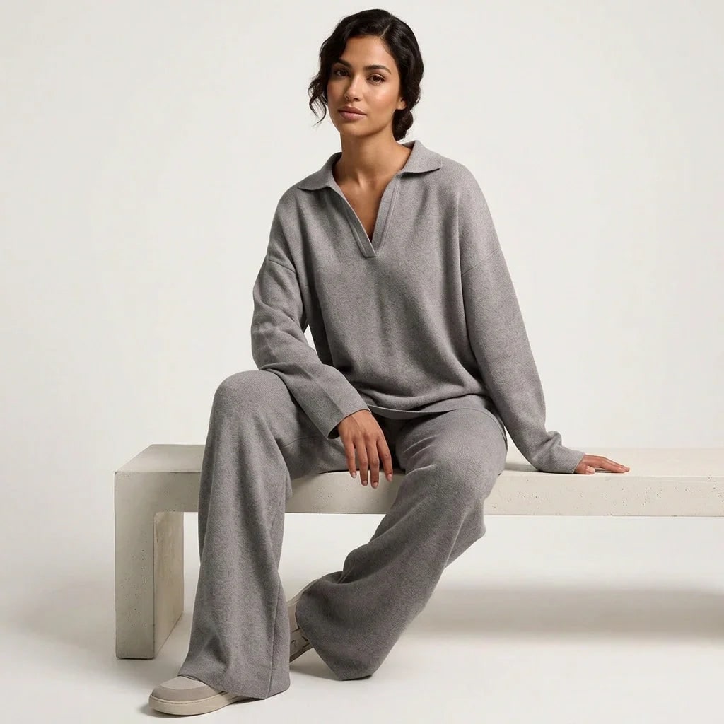 Women's Pyjama Sets Knit Lounge Two Piece with Polo Collar and Wide Leg Pants - Image 12