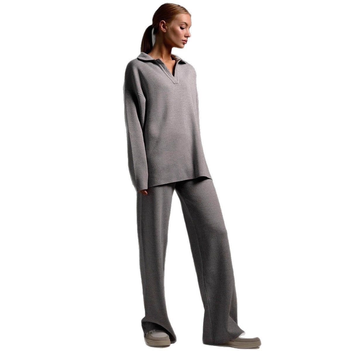 Women's Pyjama Sets Knit Lounge Two Piece with Polo Collar and Wide Leg Pants - Image 13