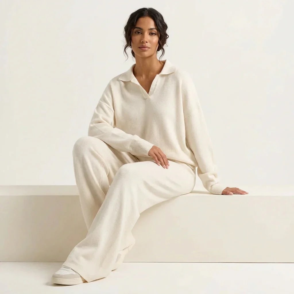 Women's Pyjama Sets Knit Lounge Two Piece with Polo Collar and Wide Leg Pants - Image 2