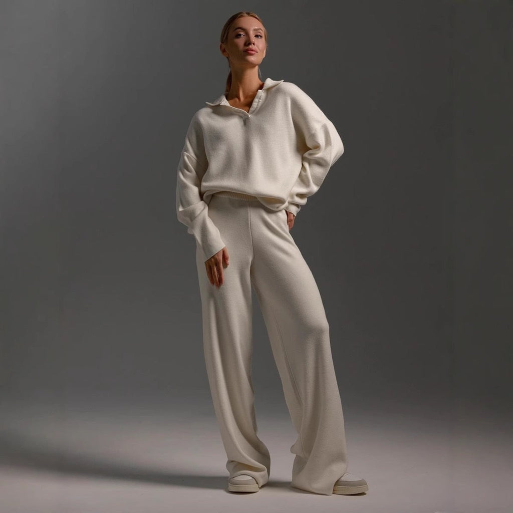 Women's Pyjama Sets Knit Lounge Two Piece with Polo Collar and Wide Leg Pants - Image 3