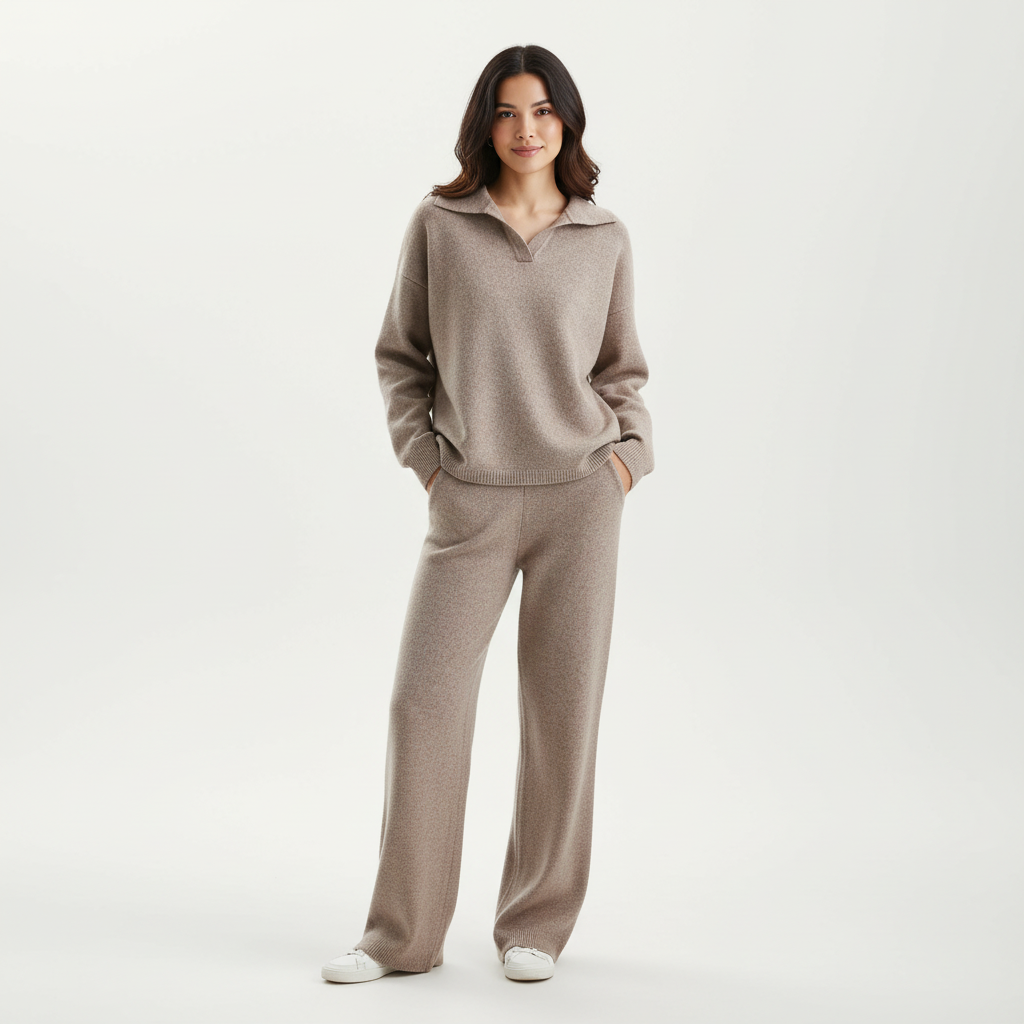 Women's Pyjama Sets Knit Lounge Two Piece with Polo Collar and Wide Leg Pants - Image 4