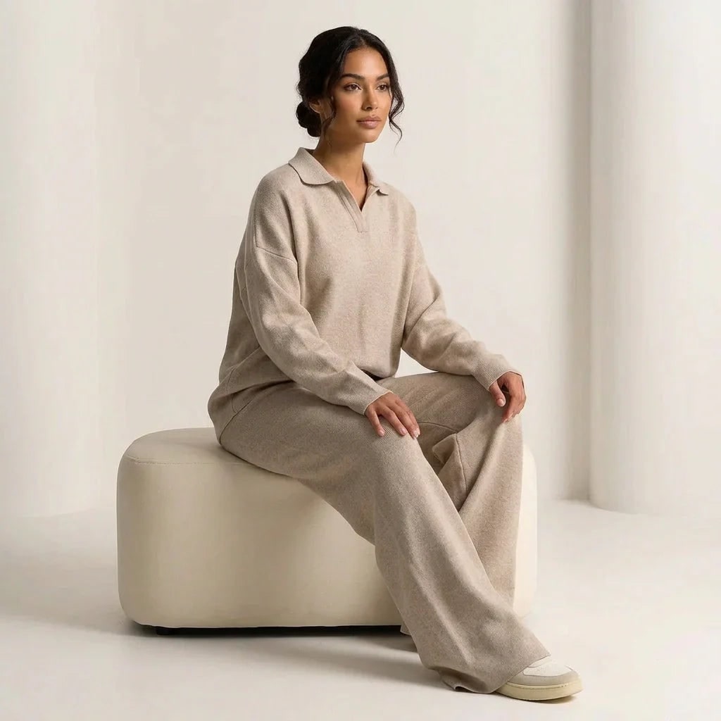 Women's Pyjama Sets Knit Lounge Two Piece with Polo Collar and Wide Leg Pants - Image 5