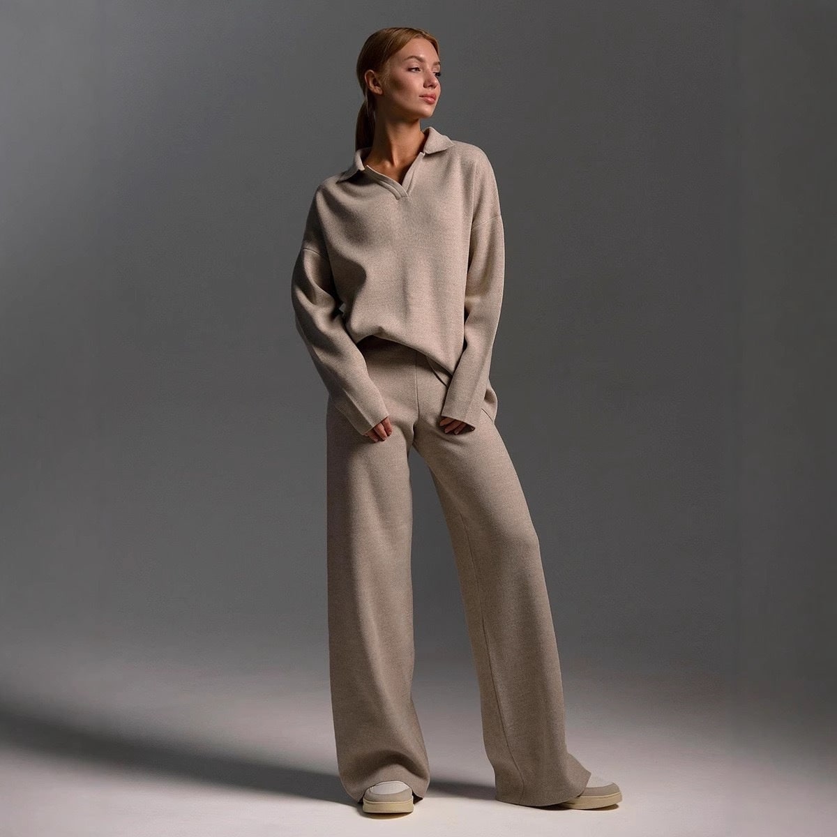 Women's Pyjama Sets Knit Lounge Two Piece with Polo Collar and Wide Leg Pants - Image 6