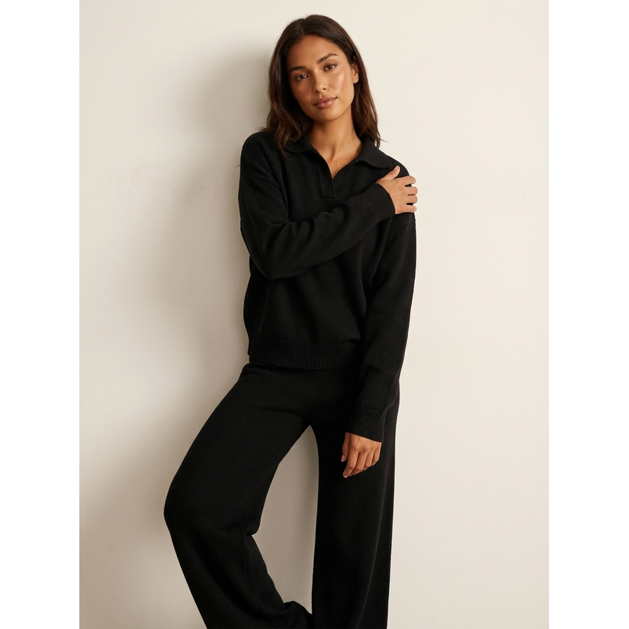 Women's Pyjama Sets Knit Lounge Two Piece with Polo Collar and Wide Leg Pants - Image 7