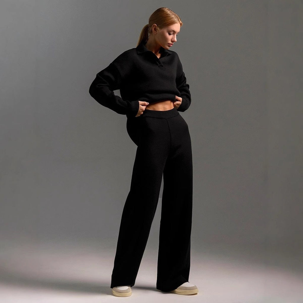 Women's Pyjama Sets Knit Lounge Two Piece with Polo Collar and Wide Leg Pants - Image 8