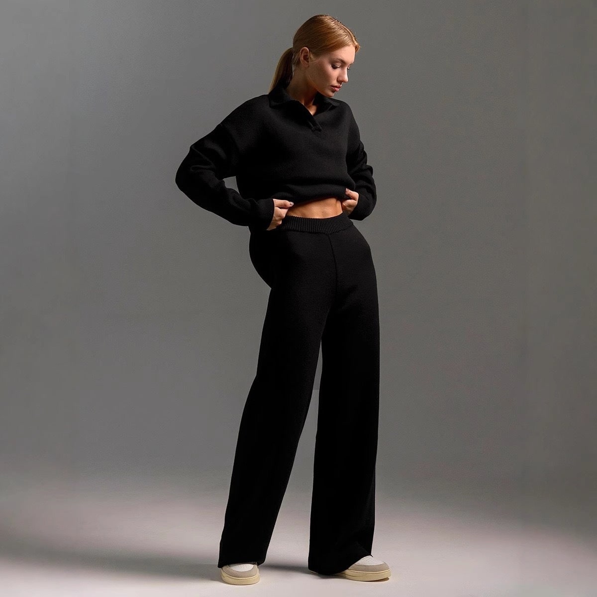 Women's Pyjama Sets Knit Lounge Two Piece with Polo Collar and Wide Leg Pants - Image 8