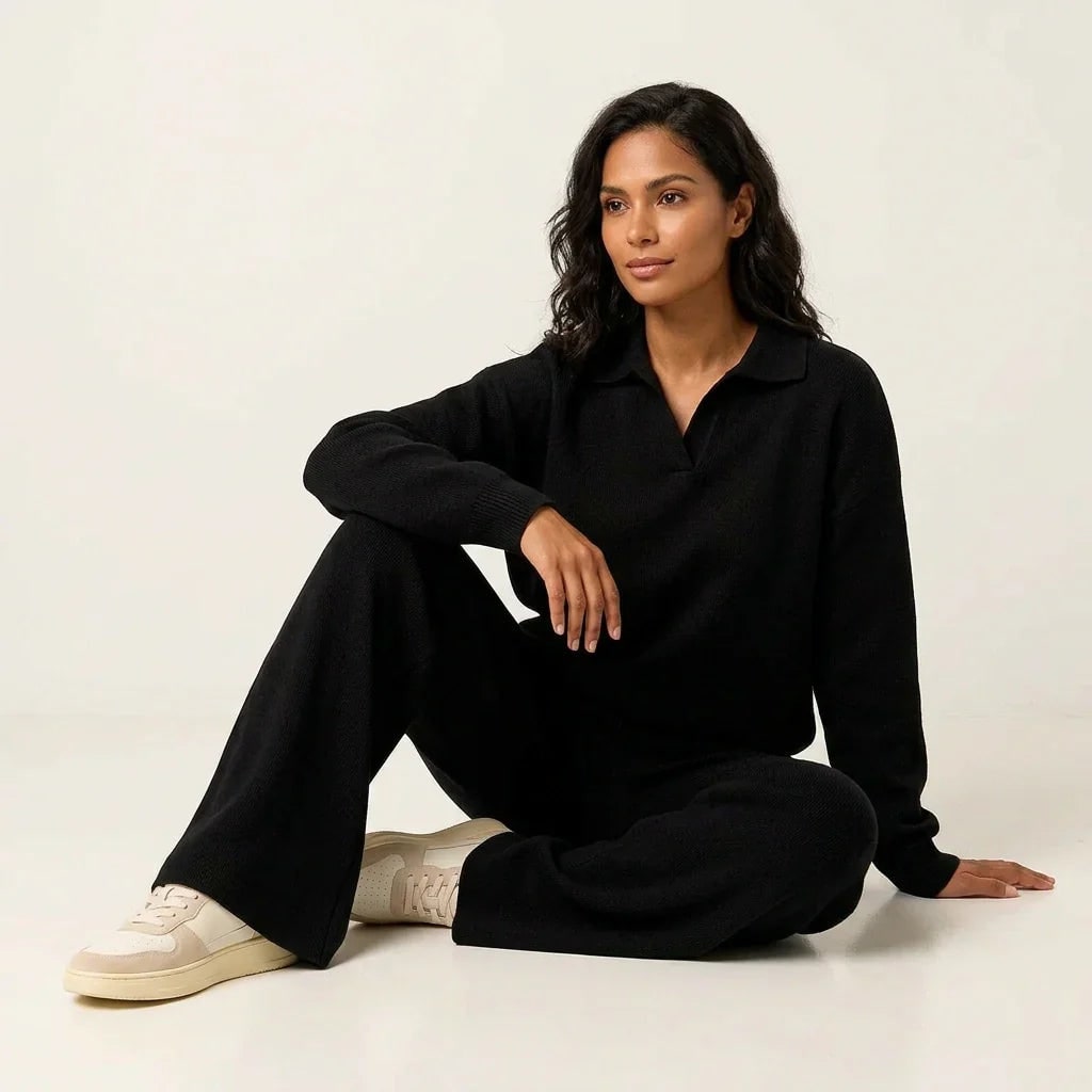 Women's Pyjama Sets Knit Lounge Two Piece with Polo Collar and Wide Leg Pants - Image 9
