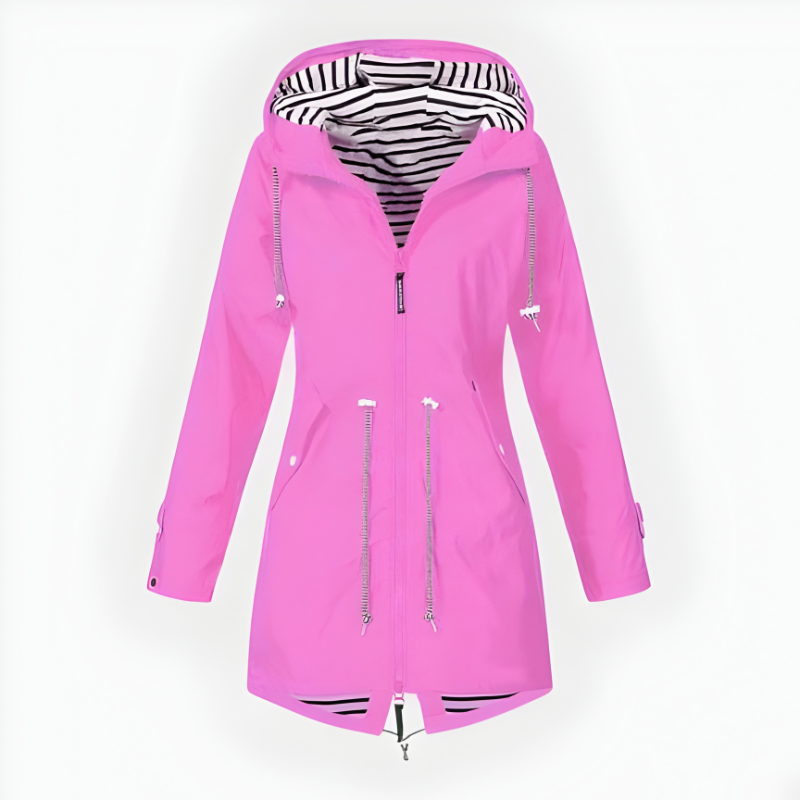 Women's Rain Jacket Waterproof Long with Drawstring Waist and Striped Lining - Image 1