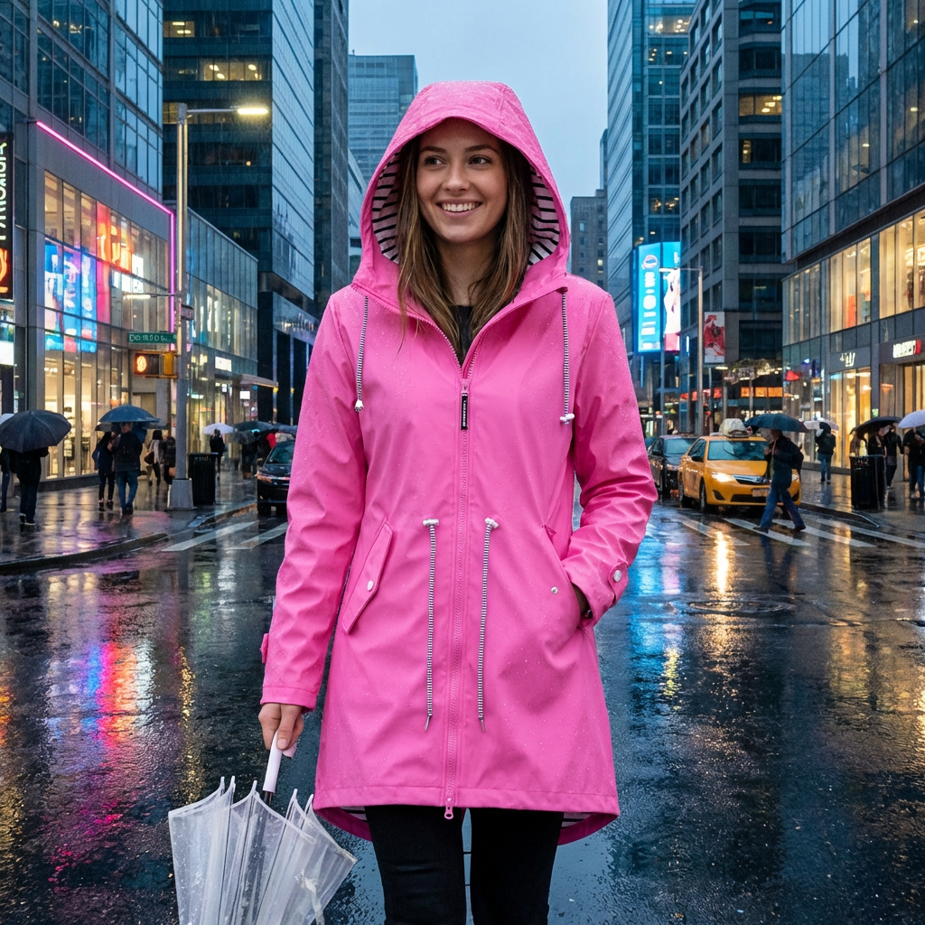 Women's Rain Jacket Waterproof Long with Drawstring Waist and Striped Lining - Image 2