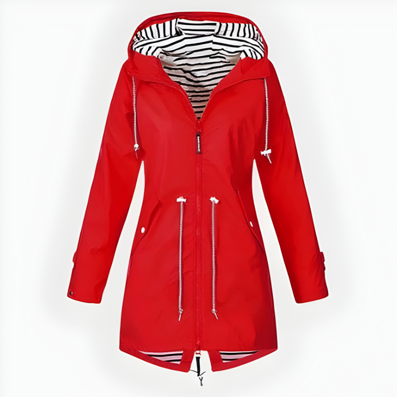 Women's Rain Jacket Waterproof Long with Drawstring Waist and Striped Lining - Image 3