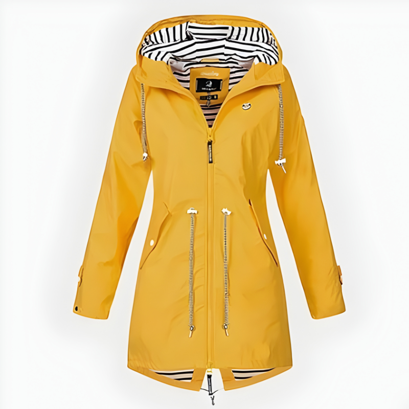 Women's Rain Jacket Waterproof Long with Drawstring Waist and Striped Lining - Image 4