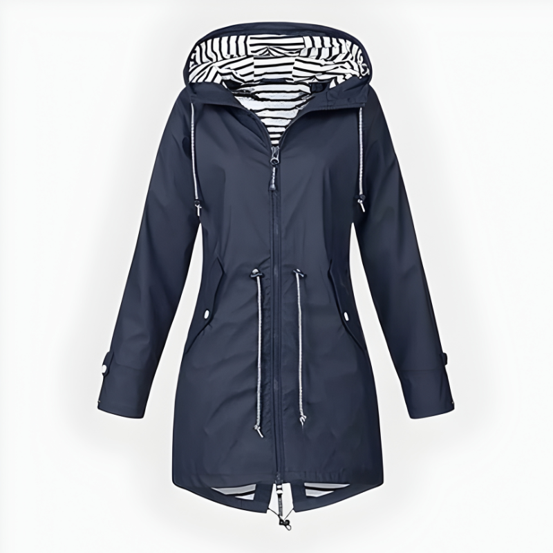 Women's Rain Jacket Waterproof Long with Drawstring Waist and Striped Lining - Image 5
