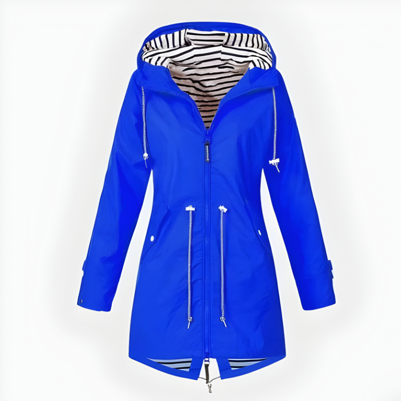 Women's Rain Jacket Waterproof Long with Drawstring Waist and Striped Lining - Image 6