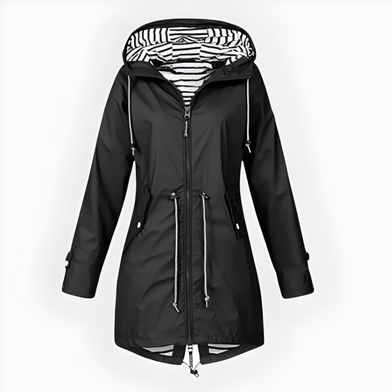 Women's Rain Jacket Waterproof Long with Drawstring Waist and Striped Lining - Image 7