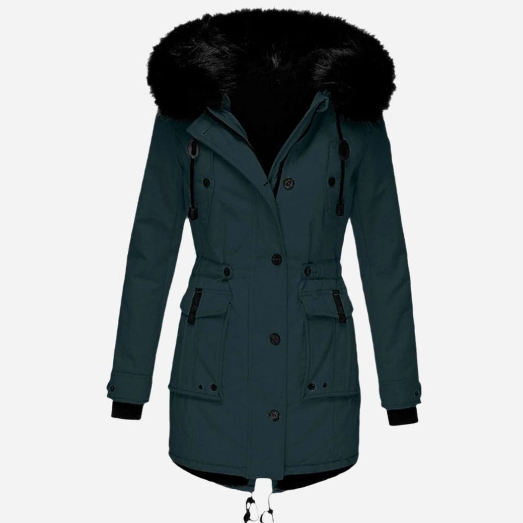 Abrigo parka con capucha y ribete de pelo sintético para mujer