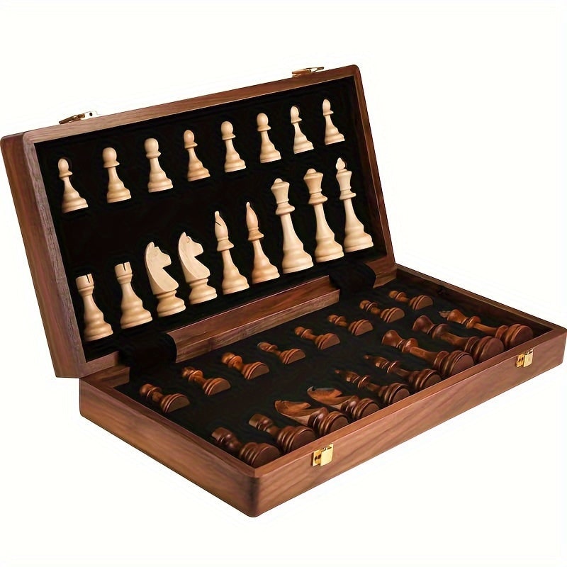 Wooden Chess Set with Folding Board Storage Slots and Staunton Pieces - Image 1