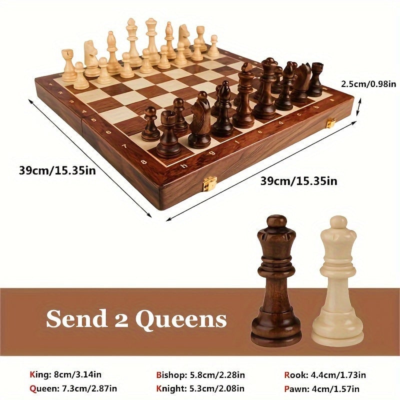 Wooden Chess Set with Folding Board Storage Slots and Staunton Pieces - Image 2