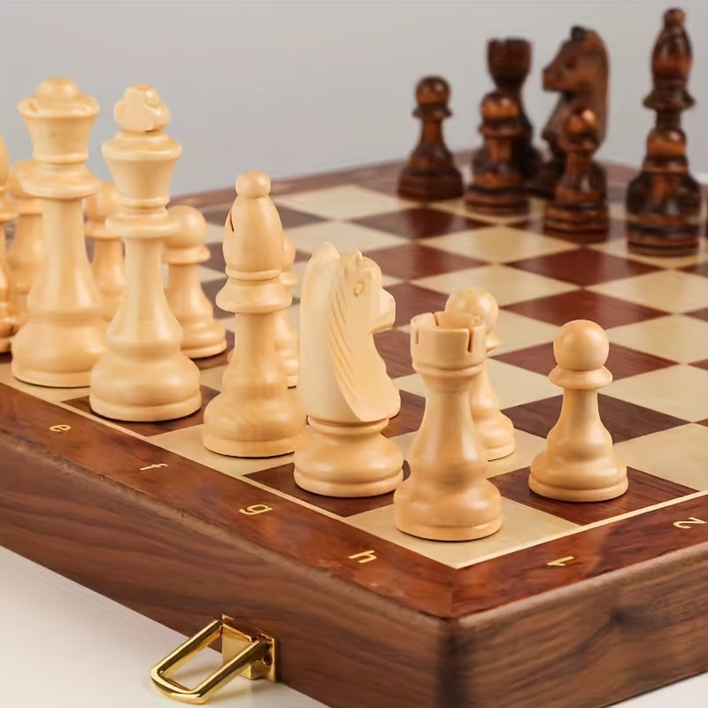 Wooden Chess Set with Folding Board Storage Slots and Staunton Pieces - Image 4