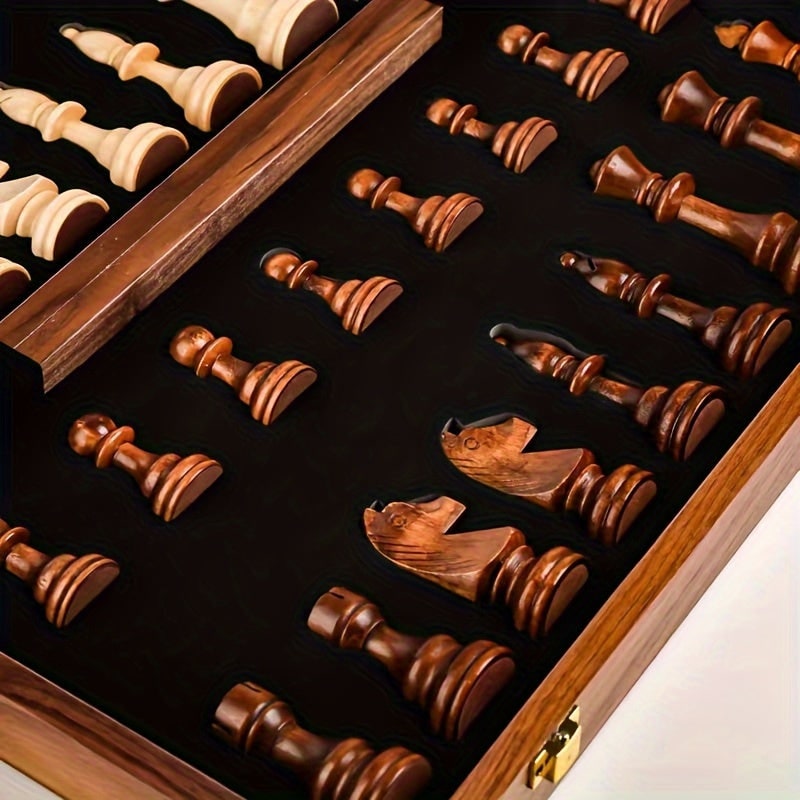 Wooden Chess Set with Folding Board Storage Slots and Staunton Pieces - Image 6