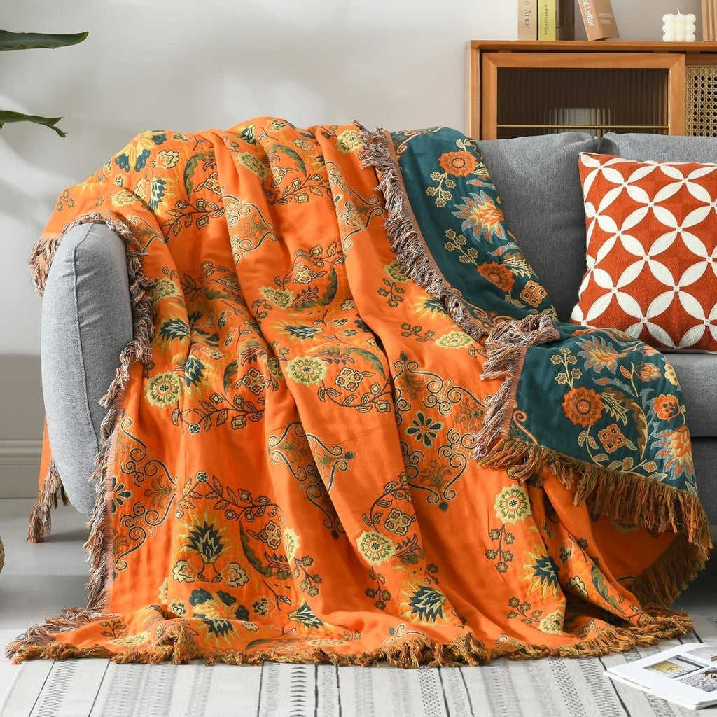 Woven Throw Blanket with Reversible Floral Design and Cotton Fringe - Image 1