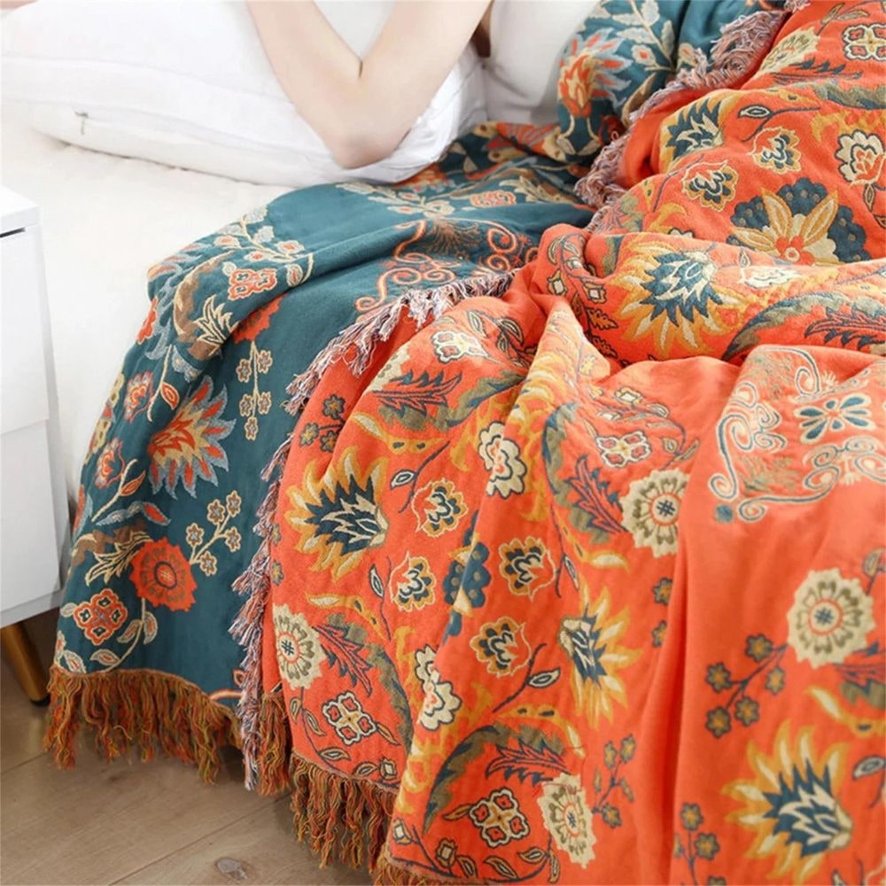 Woven Throw Blanket with Reversible Floral Design and Cotton Fringe - Image 2