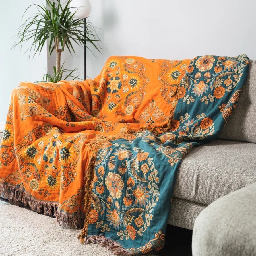 Woven Throw Blanket with Reversible Floral Design and Cotton Fringe - Image 3