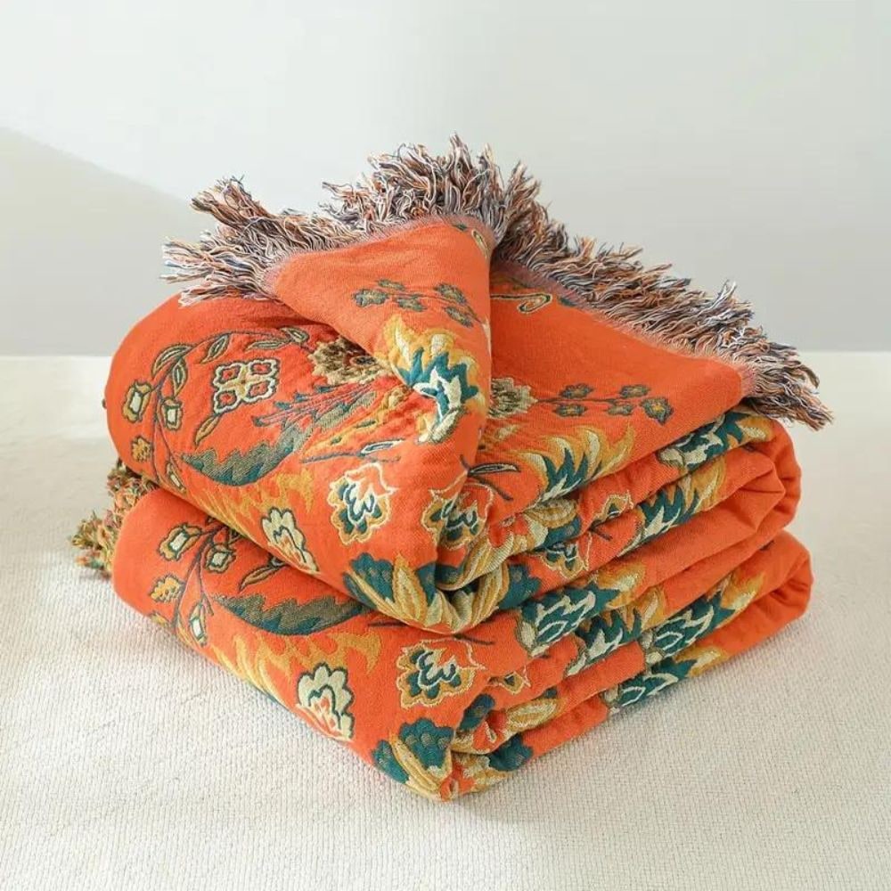 Woven Throw Blanket with Reversible Floral Design and Cotton Fringe - Image 5