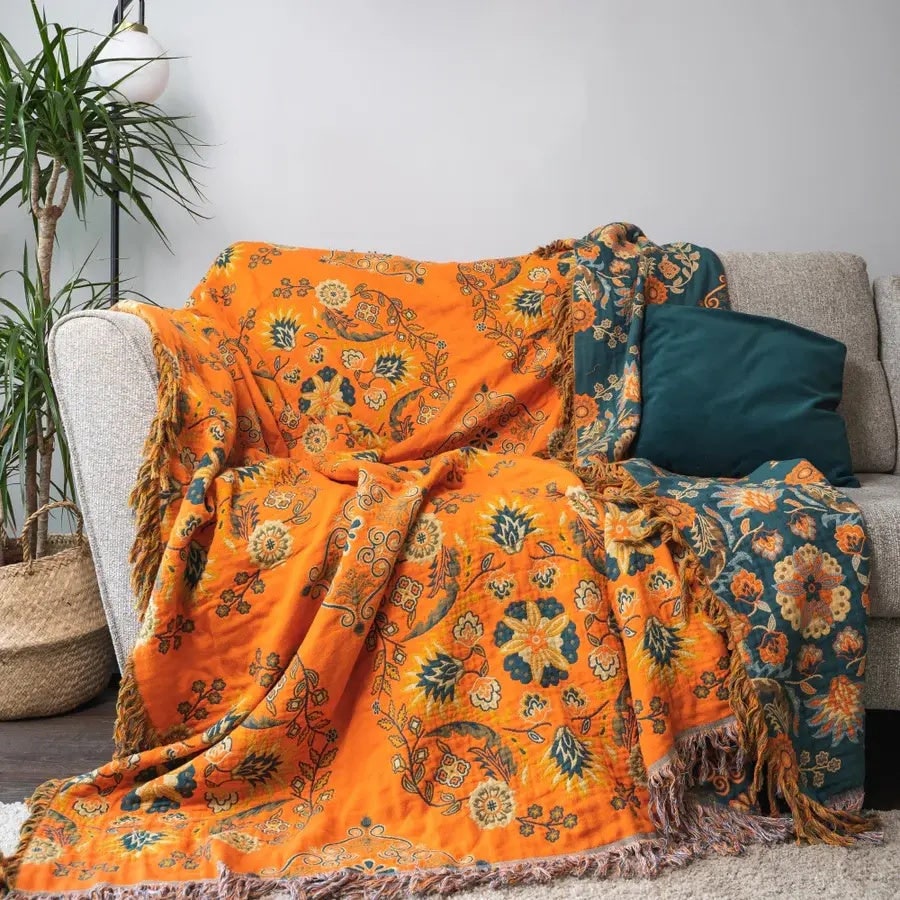 Woven Throw Blanket with Reversible Floral Design and Cotton Fringe - Image 6