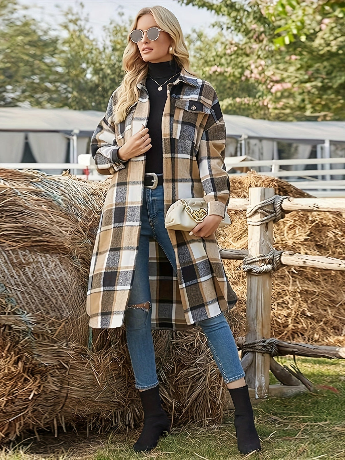 Abrigo largo de invierno de mujer con estampado de cuadros