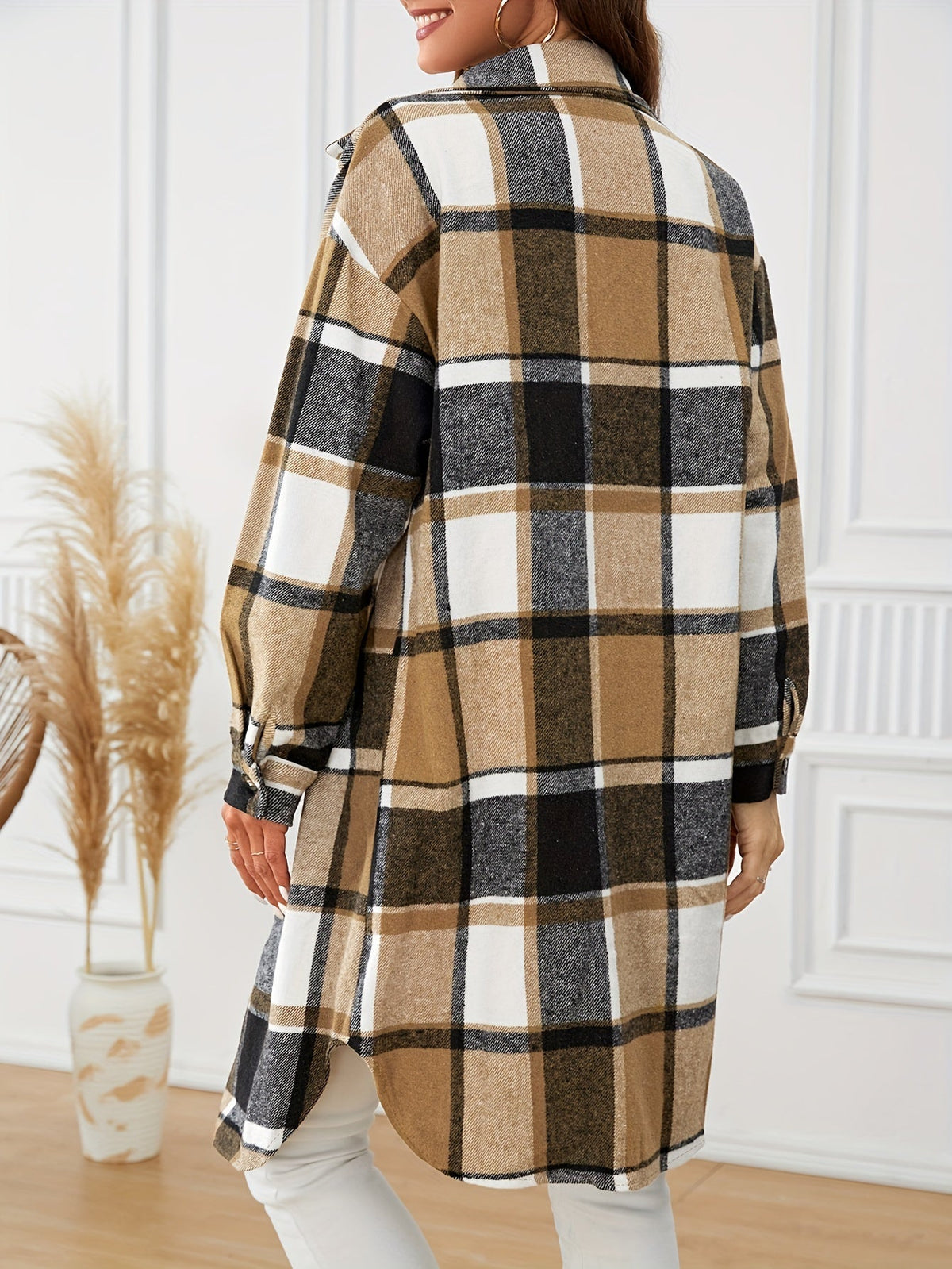Abrigo largo de invierno de mujer con estampado de cuadros