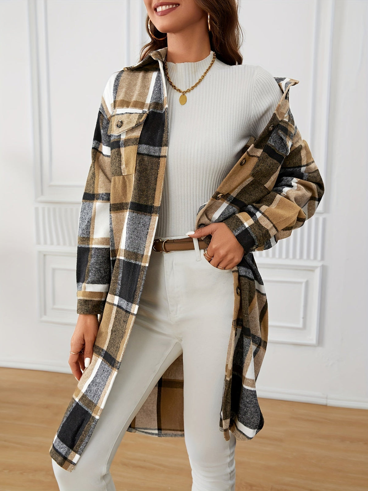 Abrigo largo de invierno de mujer con estampado de cuadros