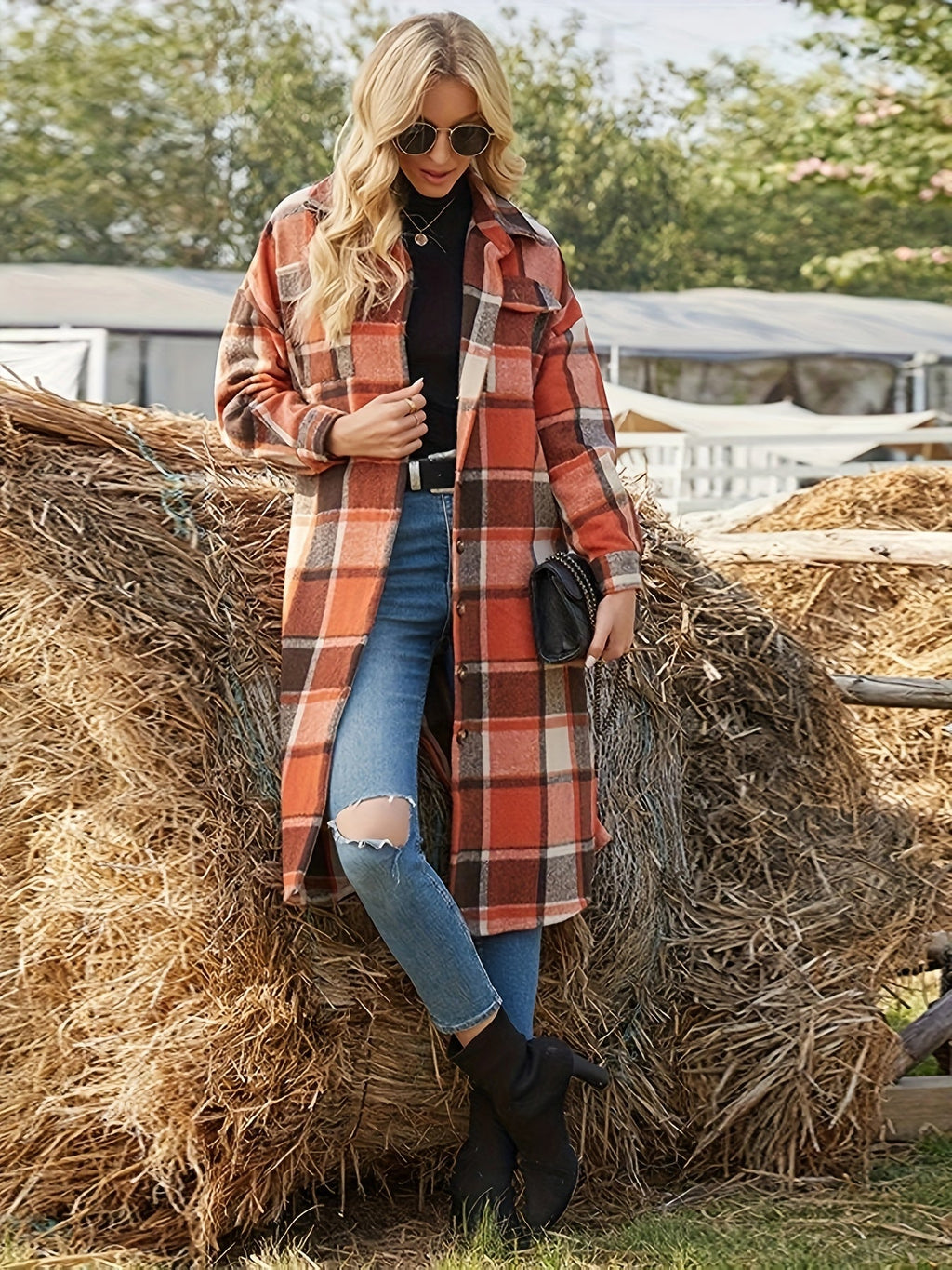 Abrigo largo de invierno de mujer con estampado de cuadros